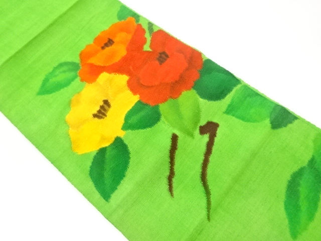 JAPANESE KIMONO / VINTAGE NAGOYA OBI / TSUMUGI / WOVEN CAMELLIA